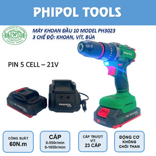 Máy khoan vít Phipol đầu 10 21v mod 3023 , động cơ không chổi than , có búa