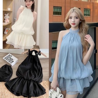 Sét váy bí cổ yếm thắt nơ sát nách kèm quần short chất voan tơ 2 lớp, Đầm nữ xoè bí xếp tầng dễ thương hồng xanh đen