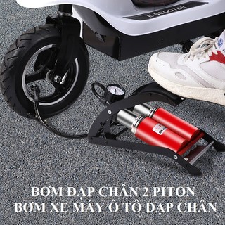 Bơm hơi đạp chân, bơm mini 2 ống xilanh đỏ ,có đồng hồ đo áp xuất lốp .ttca