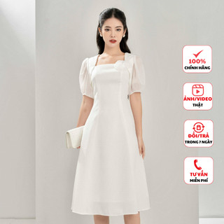 Đầm thiết kế cao cấp FIONA dáng xòe váy công sở nữ họa tiết kẻ hoa trang trí ngực phù hợp đi làm đi chơi F452732