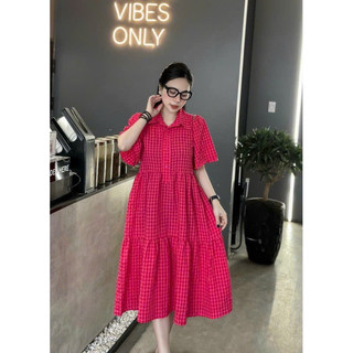 Đầm bầu sơ mi caro xanh siêu xinh