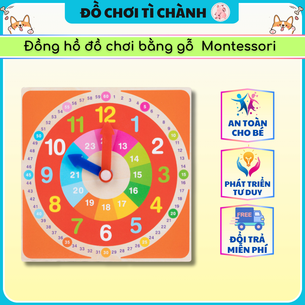Đồng hồ đồ chơi bằng gỗ Montessori giáo dục dành cho trẻ em dạy thời gian, học toán sớm