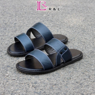 Dép nam sandal 2 quai ngang R&l Dép da bò thật màu xanh navy
