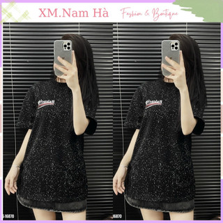 Áo phông tay lỡ cổ tròn, áo thun from rộng dáng unisex hoạ tiết chữ balen nhũ nổi bật