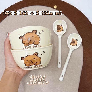 Sét Bát Sứ Hình Chuột Cabybara (Set 2 Bát + 2 Thìa)