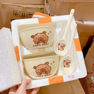 Sét Bát Sứ Hình Chuột Cabybara (Set 2 Bát + 2 Thìa)