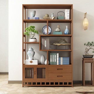 Tủ để đồ trưng bày gỗ tre 1m x 1m7 phong cách cổ điển, Kệ để đồ decor phòng khách đẹp, Kệ để sách báo bình hoa trưng bày