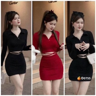Đầm Body Phối Chân Váy, Váy Body Hở Eo Ôm Body Siêu Xinh Thời Trang Mùa Đông Noel Siêu Cute