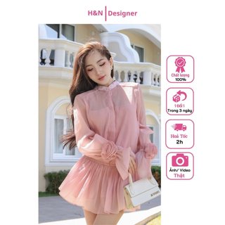 Váy Sơ Mi Tơ Dáng Ngắn Cổ Tròn Đính Đá Tay Dài Hoa Nhún Eo Kèm Quần Rời Sang Chảnh Thiết Kế Dự Tiệc 2 Màu (