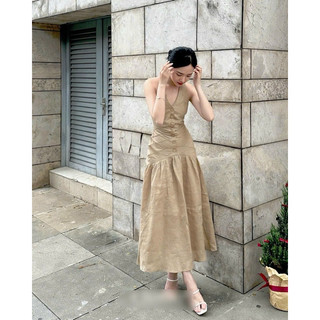 Đầm maxi linen nâu tây phối nút