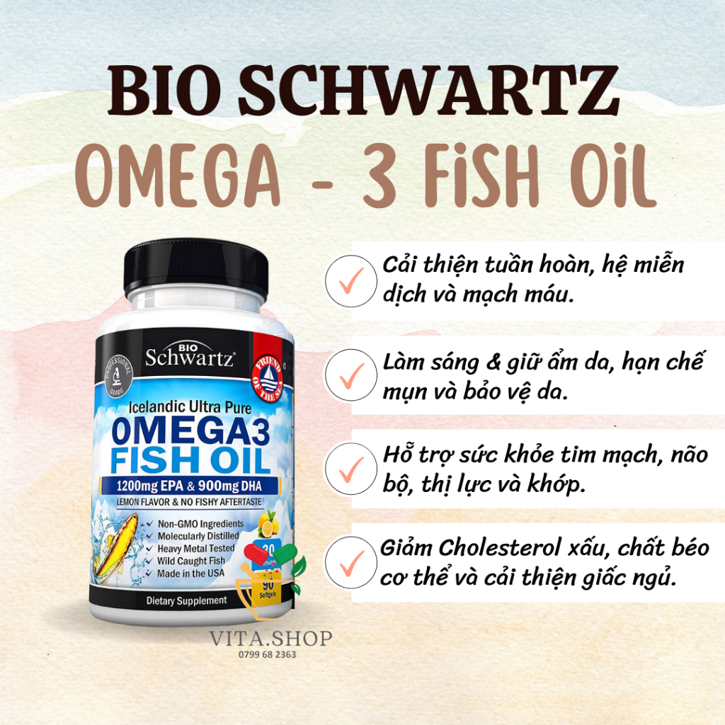 Viên uống dầu cá Omega 3 Fish Oil EPA & DHA 2250 mg hỗ trợ khớp, mắt, não và sức khỏe làn da 90 viên