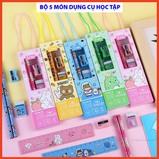 Bộ dụng cụ học tập 5 món hộp giấy có quai xách cute, gồm bút chì + tẩy + thước kẻ + gọt bút chì