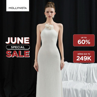 MOLLYNISTA (CHÍNH HÃNG) Đầm thiết kế ren trắng kết hoa hở lưng thanh lịch quyến rũ nữ tính cao cấp