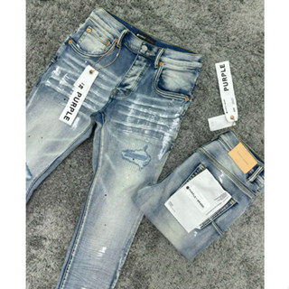 Quần jean bò nam Puple slimfit xanh khói loang đùi 4 cúc cài boy phố Quần jean Purple xanh mài bạc