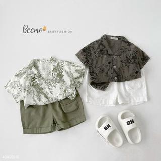 Bộ Hè Áo Sơ Mi Họa Tiết Hoa Lá Kèm Quần Kaki Rêu Mềm Phù Hợp Cho Bé Đi Học Đi Chơi Size 9-23kg, Quần Áo Trẻ Em