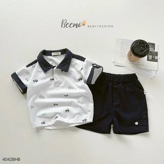 Bộ Polo Cộc Tay Phối Viền Xanh Than Hình Ô Tô Chất Vải Cotton Co Giãn Mềm Mại Cho Bé Trai Đi Học Size 9-23kg