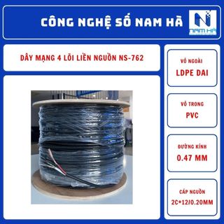 Dây mạng, cáp camera 4 lõi liền nguồn, gồm 2 lớp vỏ bọc ngoài, chuẩn đồng nguyên chất mã Nasun NS-762 cuộn 305m