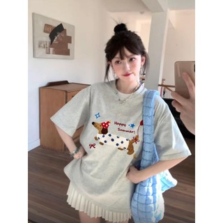 2024 fashion Xám tiêu Áo phông nữ form rộng cún yêu in hình cổ tròn áo thun 100%cotton focus tay lỡ local brand