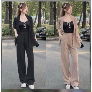 Set bộ vest 3món bigsize nữ thảo minhon áo 2 dây + blazer tay ngắn + quần dài ống suông s47 60-100kg