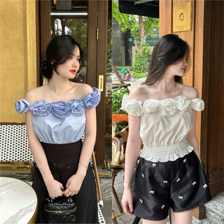 [SHYNCLOSET] Áo trễ vai hoa đính nơ bo chun tôn dáng mặc đi du lịch-ảnh thật