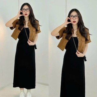 Set váy nữ body thun gân kèm áo khoác kaki trẻ trung, thanh lịch phù hợp đi chơi