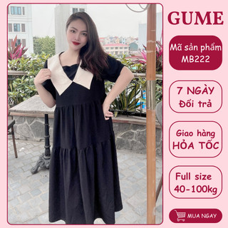 Váy bầu bigsize -Đầm bầu thiết kế GuMe màu đen 3 Tầng Phối Cổ Be Tam Giác chất vải sạn lụa size từ 40-100kg MB222
