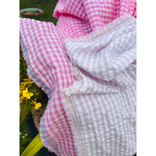 Vải thô nhăn carô tông hồng và tím chất vải cotton 100%