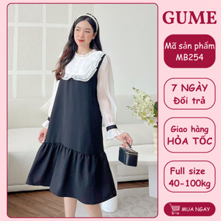  Váy bầu bigsize - Đầm bầu thiết kế GuMe màu Đen Cổ Organza Trắng Nhún Bèo size 40-100kg  MB254 - ảnh thật 