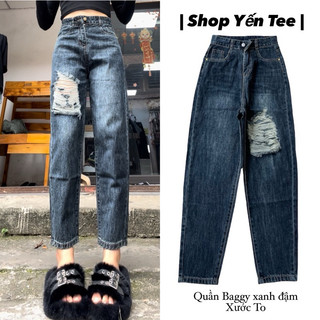 Quần baggy xanh đậm xước to đùi mới 2024, quần che khuyết điểm cá tính