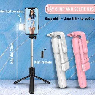 Gậy chụp hình gấp gọn R1S có remote kết nối bluetooth và đèn LED trợ sáng, quay được 360 độ