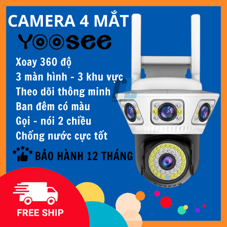 Camera Wifi Yoosee 4 Mắt, 3 Khung Hình 12MPx, Đàm Thoại 2 Chiều To Rõ, Chống Nước