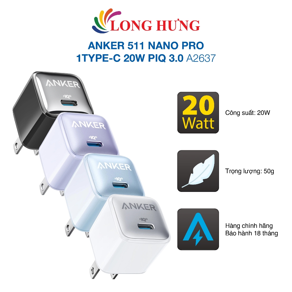 Cốc sạc Anker 511 Nano Pro 1Type-C 20W PIQ 3.0 A2637 - Hàng chính hãng