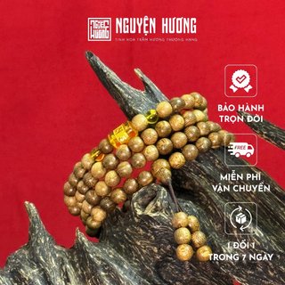 Vòng tay trầm hương 108 hạt Định Tâm Mệnh Thổ NGUYỆN HƯƠNG đính charm phong thuỷ theo mệnh, kích thước 6/7/8 mm