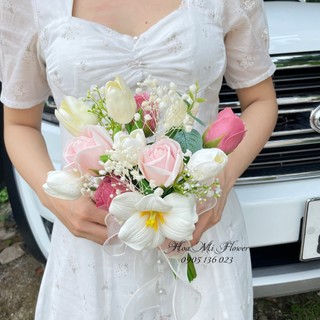 Hoa cầm tay cô dâu Tulip lụa cao cấp vải lụa cao cấp, hoa cưới cầm tay cô dâu hoa sáp thơm - Mẫu 04