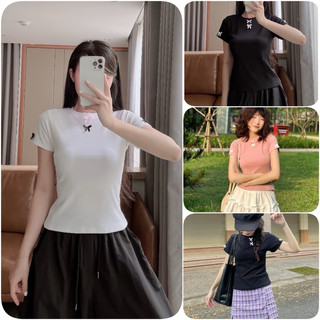 Áo thun babytee thêu 2 nơ cổ 2 nơ tay chất tăm lạnh