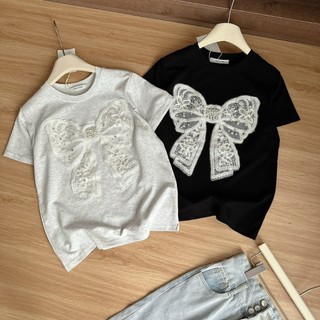 [SHOPPUMI] Áo nơ ren đính ngọc tay ngắn cổ tròn 2 màu freesize Pumi 15968
