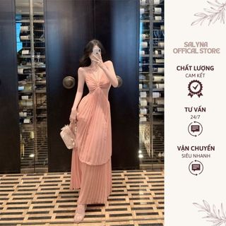 Váy Đầm Maxi Xếp Ly SALYNA Đi Biển 2 Tầng Dáng Xòe Khoét Eo Hở Lưng Hồng Nude