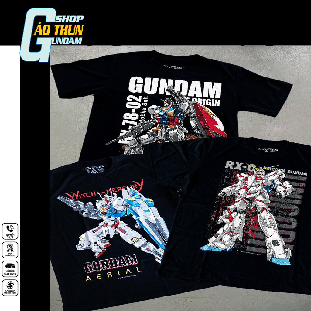 Áo thun đen cotton oversize Nam/Nữ in hình Gundam - Gundam unicorn, Gundam rx, Gundam aerial