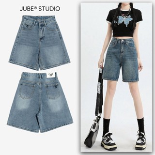 Quần Ngố Jean Nữ Lưng Cao JUBE, Quần Short Ngố Lửng Thêu Nơ Vải Không Co Giãn