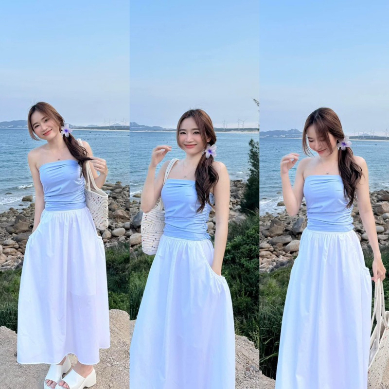 (Cosy) Set áo ống xanh nhún tầng có bo chun sau và chân váy midi trắng