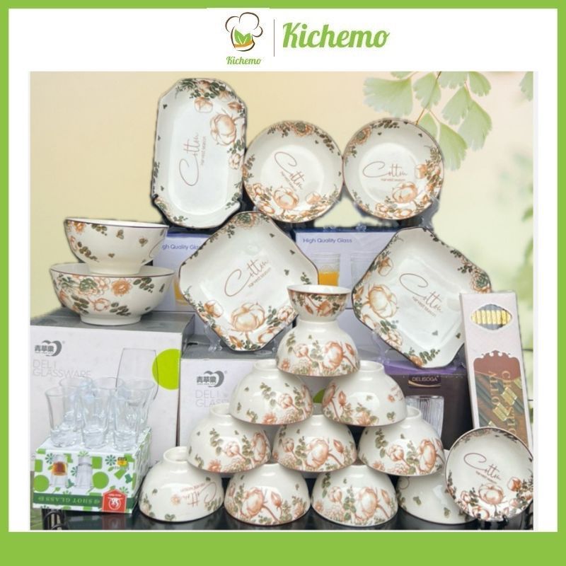 Bộ bát chén đĩa tô sứ 21 chi tiết họa tiết hoa hải đường sang trọng tráng men cao cấp tặng ly và đũa