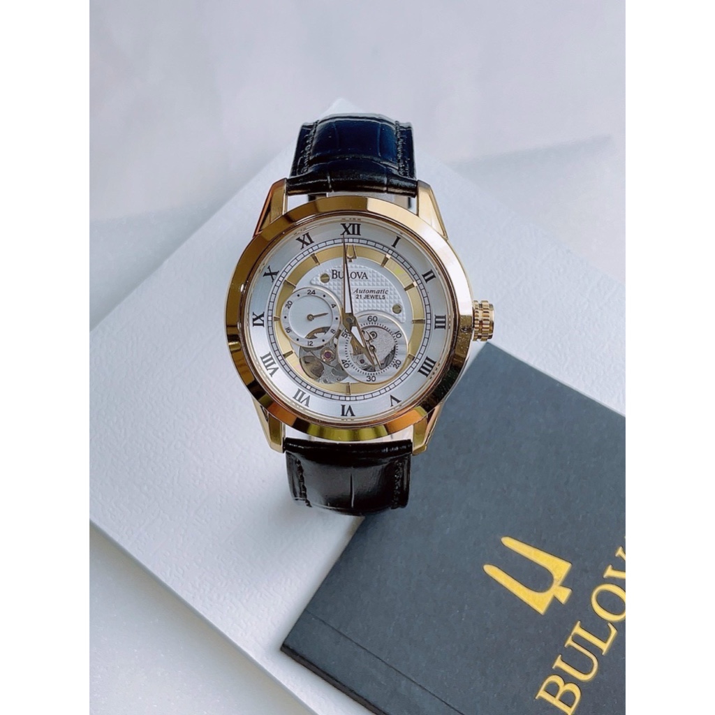 Đồng hồ đeo tay nam máy cơ chính hãng dây da BUL0VA 96A118 gold size 42mm Fullbox, chống nước , shop