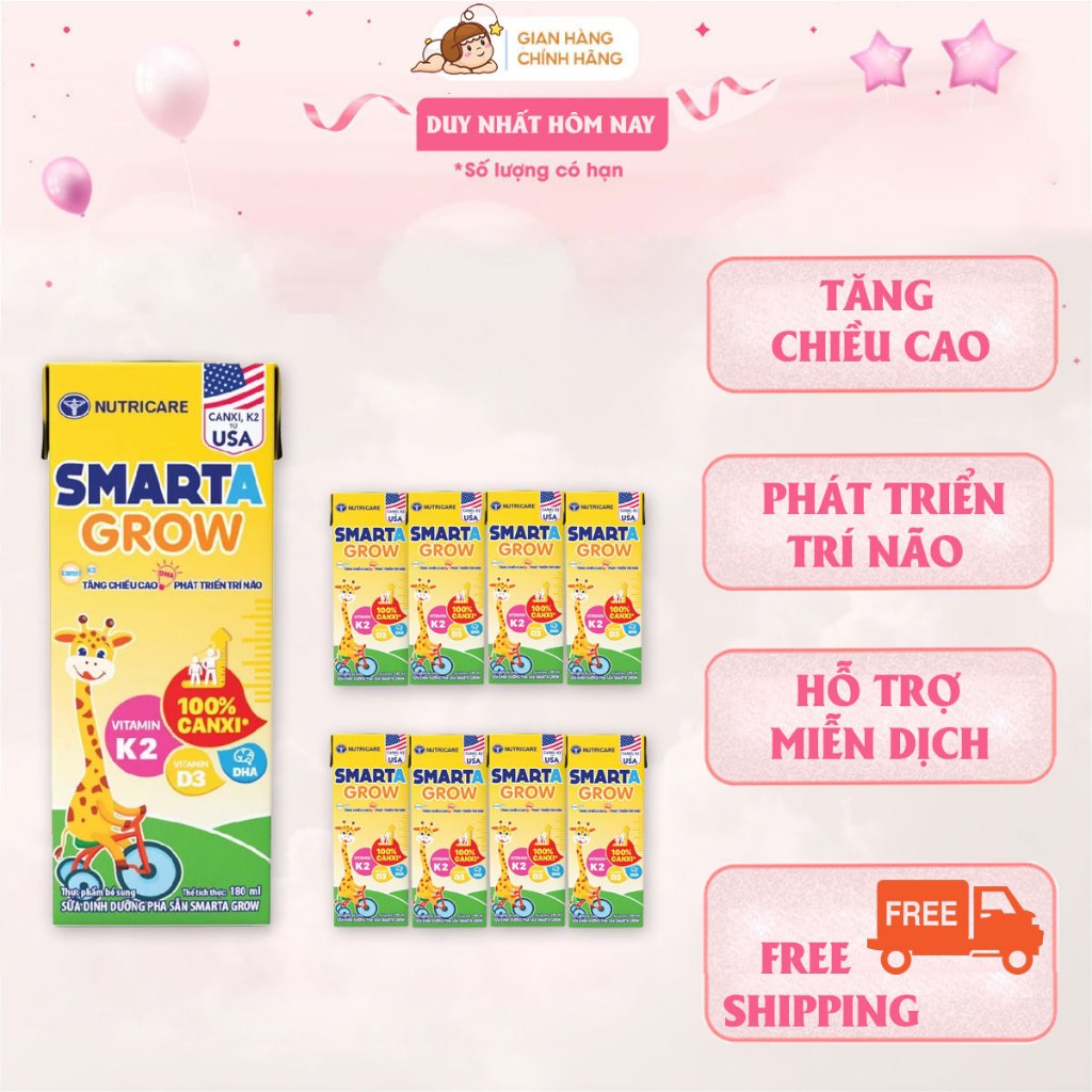 Thùng sữa nước Nutricare Smarta Grow dinh dưỡng cho trẻ thấp còi (180ml)