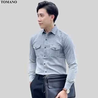 Áo sơ mi loang nam nữ tay dài cổ bẻ basic phối túi chất liệu vải đũi form rộng màu xám - tomano