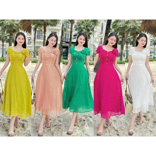Đầm thời trang nữ mặc đi chơi chất tơ nhăn 2 dây đính nút và gắn 1 bên bông váy xoè maxi 5 màu QC