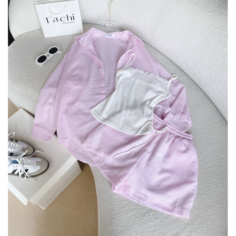 Set Sơ Mi Sọc Hồng (Có Kèm Áo Dây)
