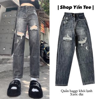 20185MA- Quần baggy màu khói lạnh mới 2024, điểm nhấn xước đùi cá tính Nữ Pants