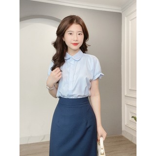 Áo sơ mi cổ sen tay chun trơn màu min house