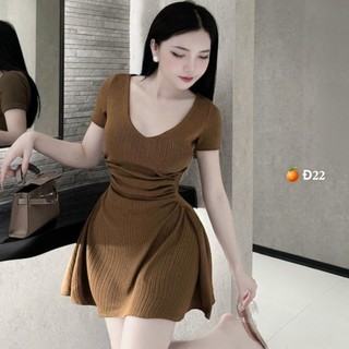 Đầm tăm cổ V nhún eo trơn basic dễ mang