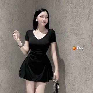 Đầm tăm cổ V nhún eo trơn basic dễ mang